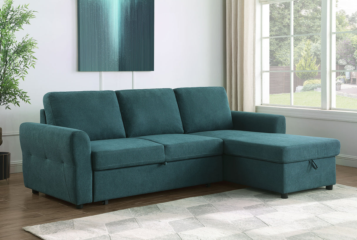 Samantha Teal Blue Upholstered Storage Sleeper Sectional Sofa