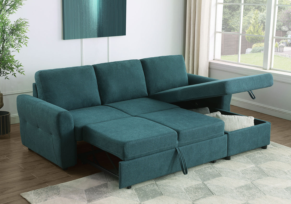 Samantha Teal Blue Upholstered Storage Sleeper Sectional Sofa