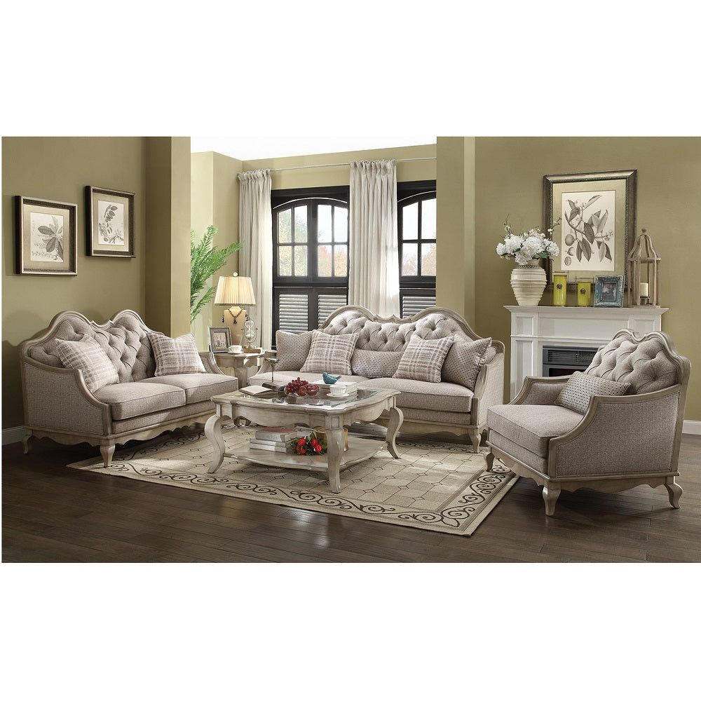 Chelmsford Beige Fabric & Antique Taupe Finish Sofa