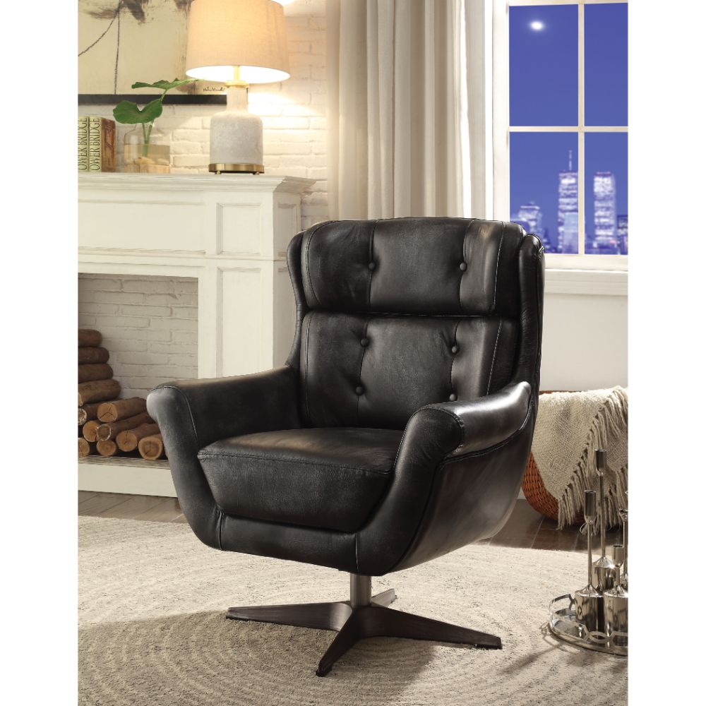 Asotin Vintage Black Top Grain Leather Accent Chair