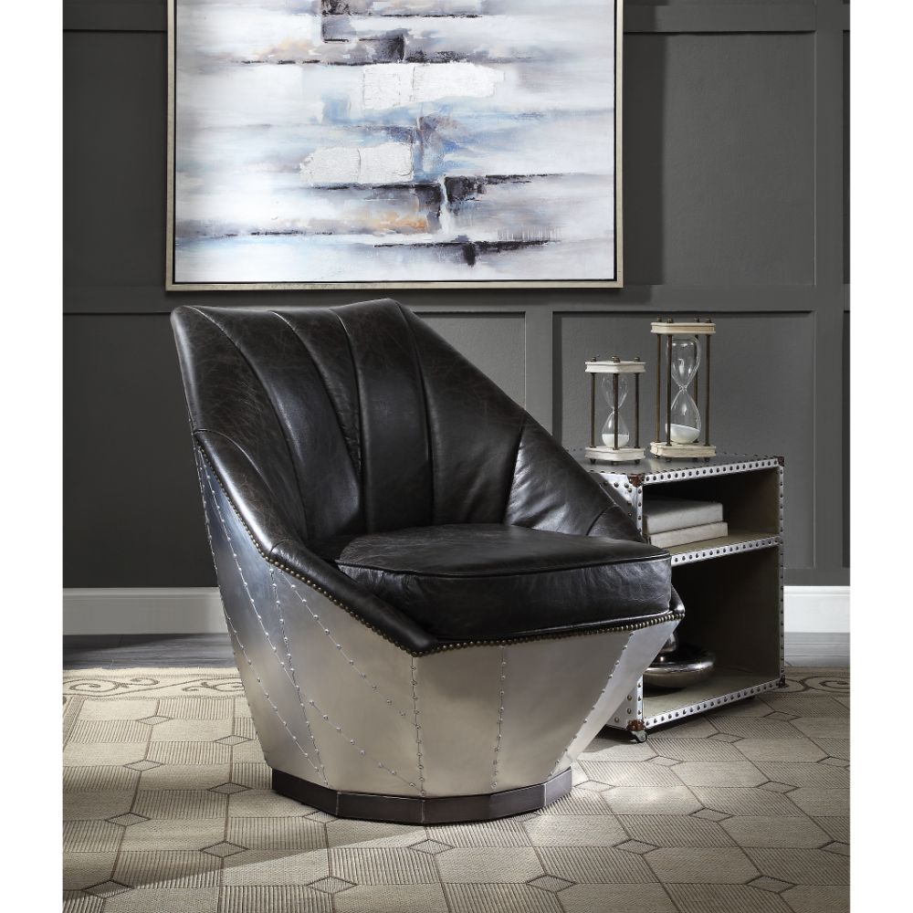 Brancaster Distress Espresso Top Grain Leather & Aluminum Accent Chair