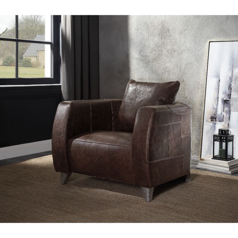 Kalona Distress Chocolate Top Grain Leather & Aluminum Accent Chair