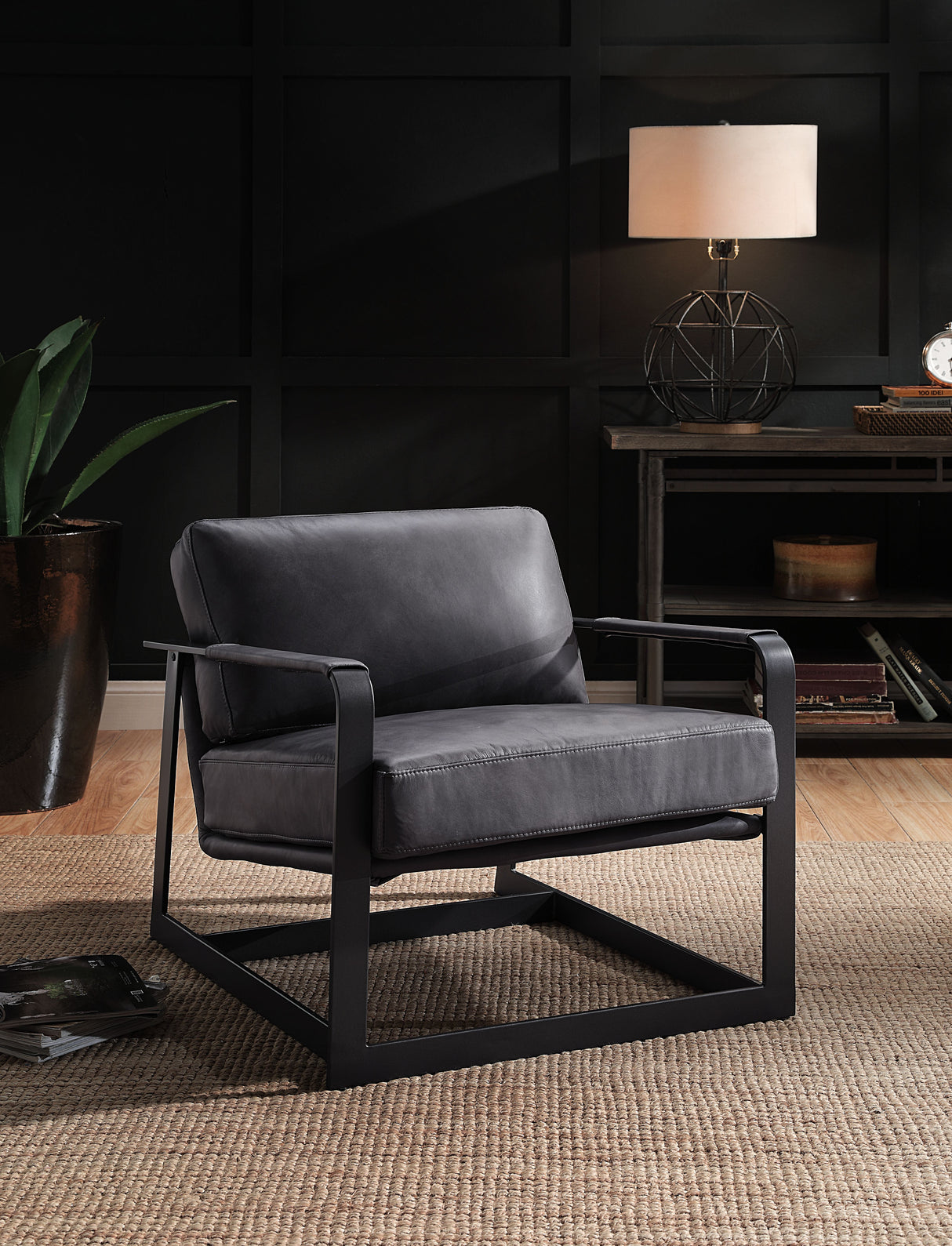 Locnos Gray Top Grain Leather & Black Finish Accent Chair