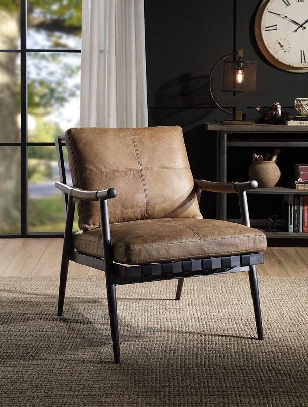 Anzan Berham Chestnut Top Grain Leather & Matt Iron Finish Accent Chair