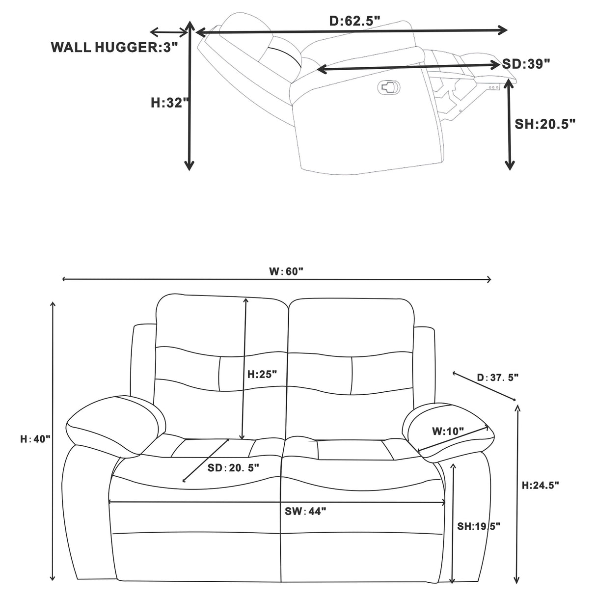 Nova Dark Grey 2-Piece Upholstered Padded Arm Sofa Set