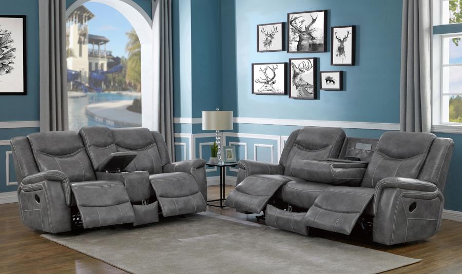 Conrad Grey 2-Piece Upholstered Padded Arm Motion Sofa Set