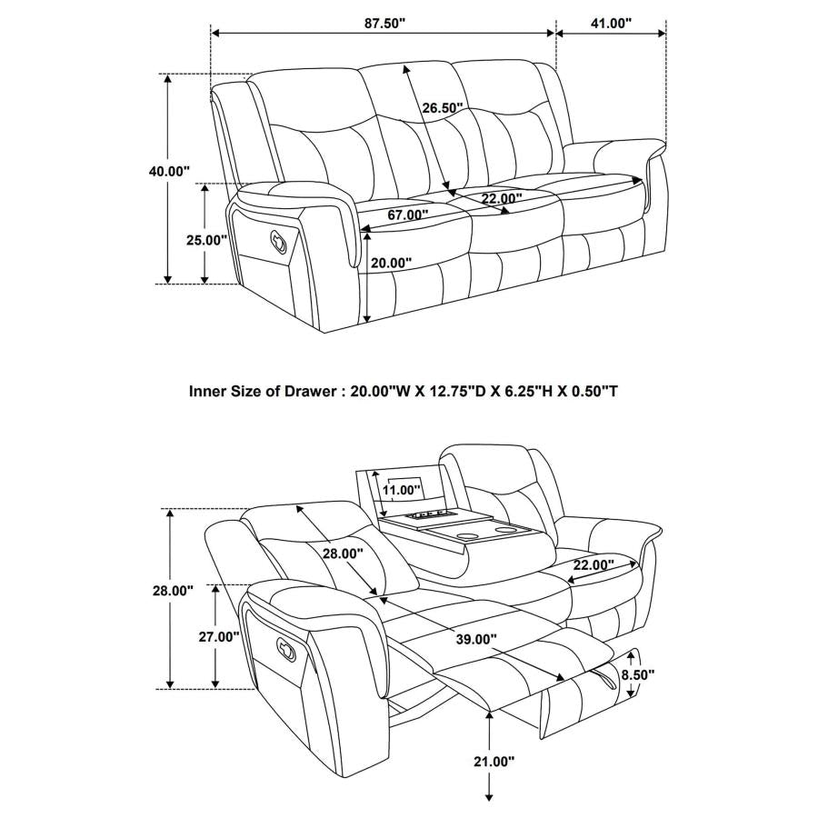 Conrad Grey 2-Piece Upholstered Padded Arm Motion Sofa Set