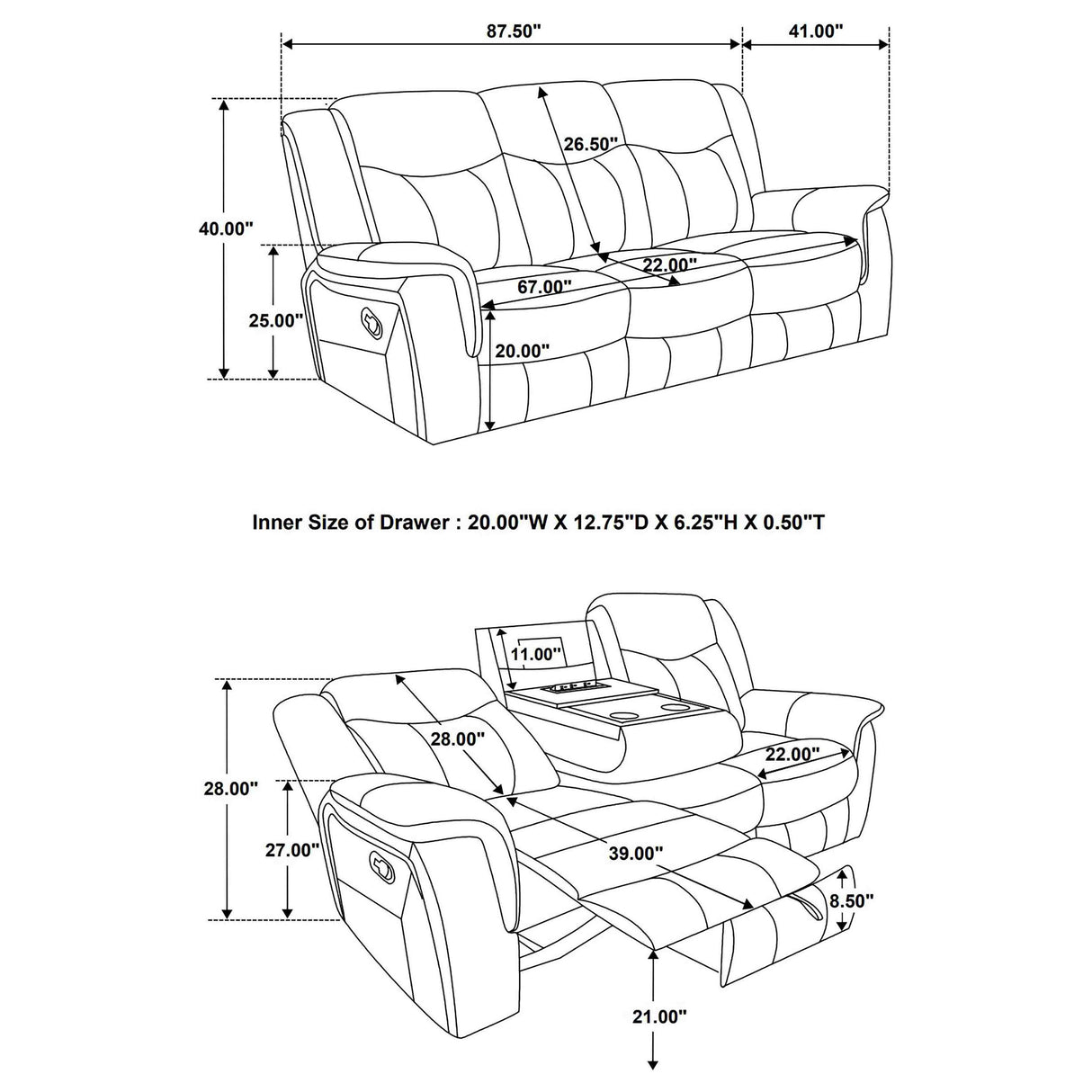 Conrad Grey 2-Piece Upholstered Padded Arm Motion Sofa Set