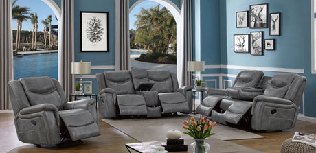 Conrad Grey 3-Piece Upholstered Padded Arm Motion Sofa Set