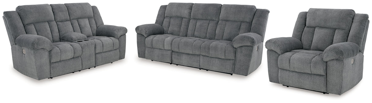 Tip-Off Slate Power Reclining Sofa, Loveseat And Recliner