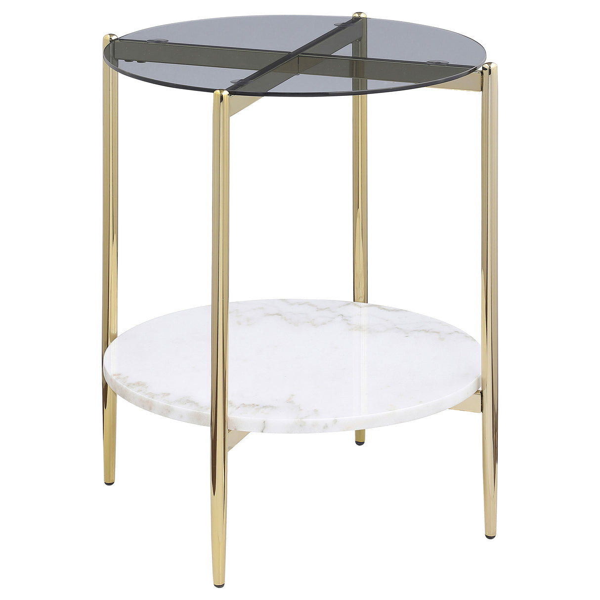 Jonelle Round Glass Top End Table White Marble Shelf Gold