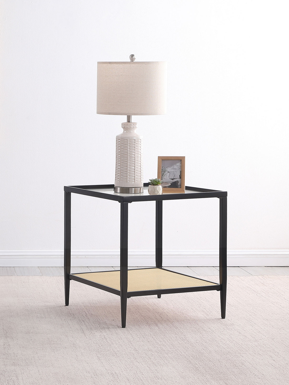 Amherst Black Glass Top Metal With Cane Shelf End Table