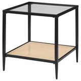 Amherst Black Glass Top Metal With Cane Shelf End Table