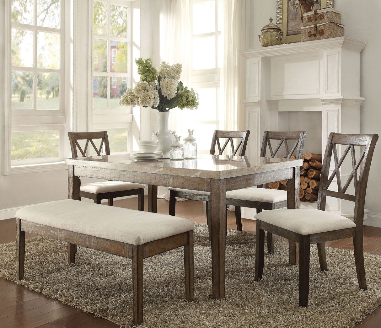 Claudia White Marble and Salvage Brown Dining Room Set