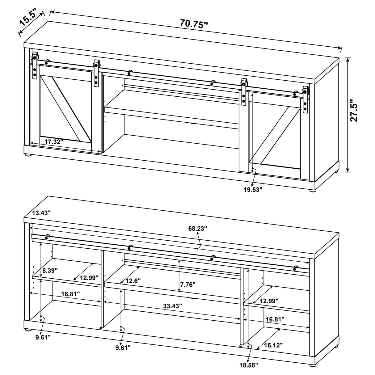 Brockton 71-Inch 3-Shelf Sliding Doors Tv Console Grey Driftwood