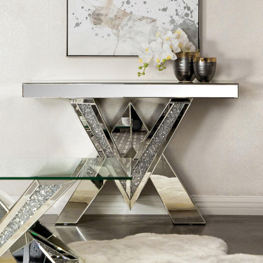 Taffeta Mirror V-Shaped Ed Entryway Console Table Silver