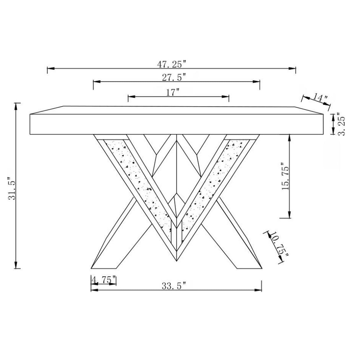 Taffeta Mirror V-Shaped Ed Entryway Console Table Silver