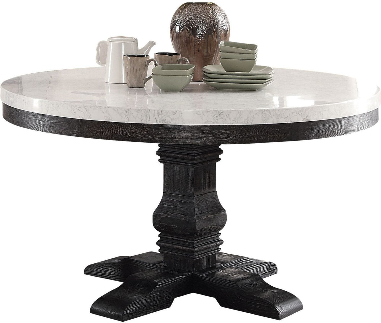 Nolan White Marble and Salvage Dark Oak Pedestal Dining Room Set