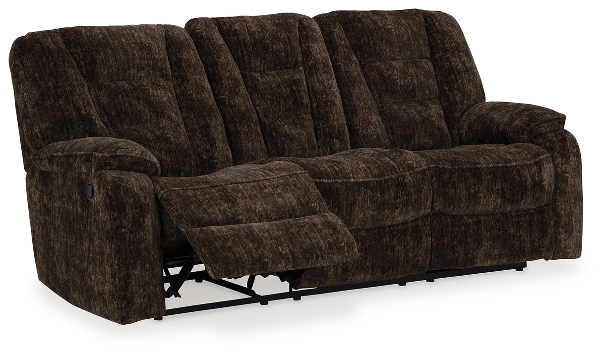 Soundwave Chocolate Reclining Sofa With Drop Down Table