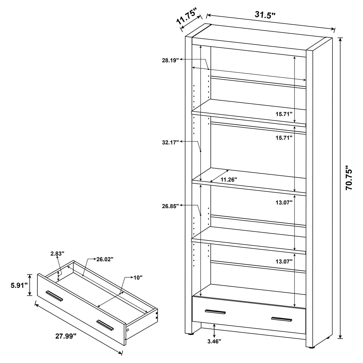 Skylar 5-Shelf Bookcase With Storage Drawer Cappuccino