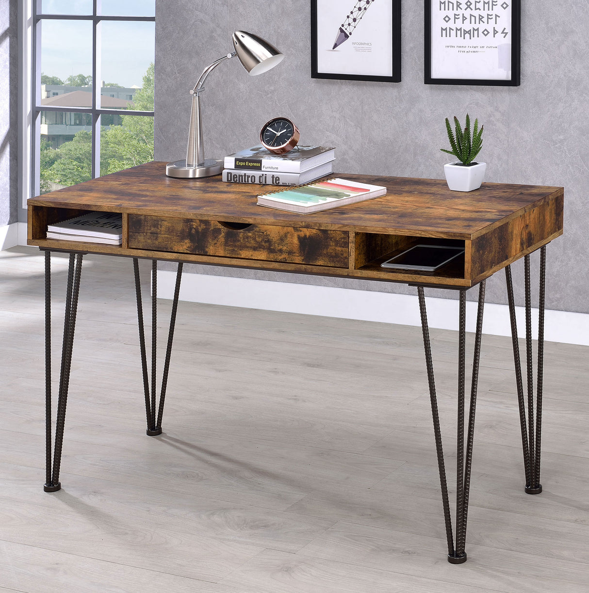 Olvera 1-Drawer Writing Desk Antique Nutmeg And Dark Bronze