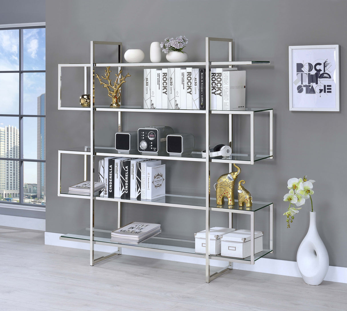 Elmer Clear 63-Inch 5-Shelf Bookshelf And Chrome