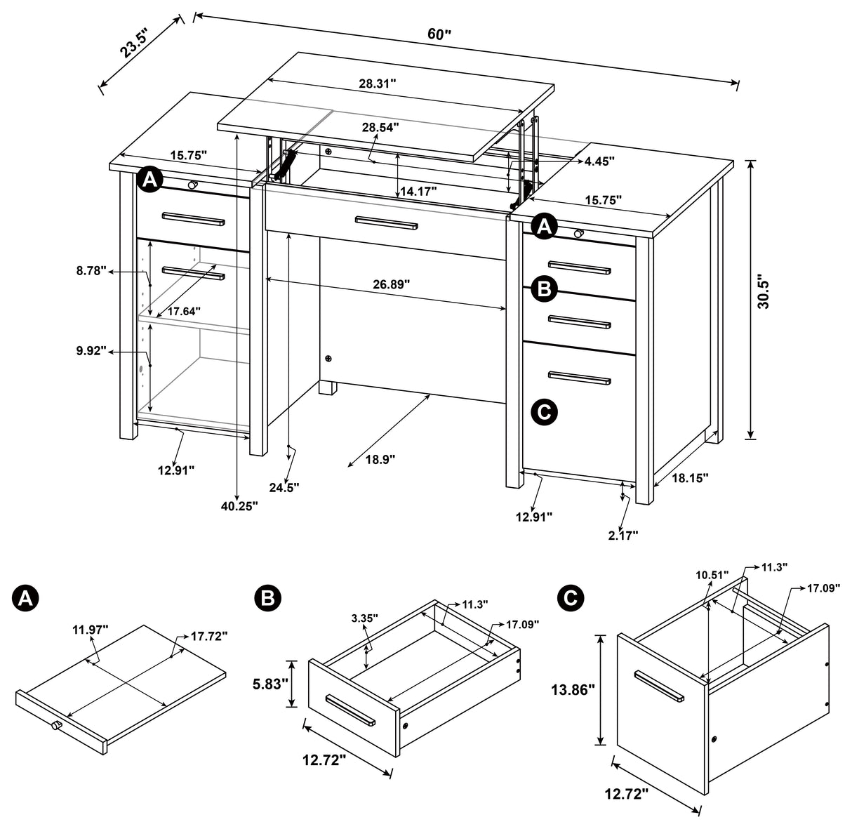 Dylan 4-Drawer Lift Top Office Desk