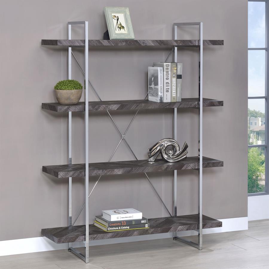 Grimma 4-Shelf Bookcase Rustic Grey Herringbone