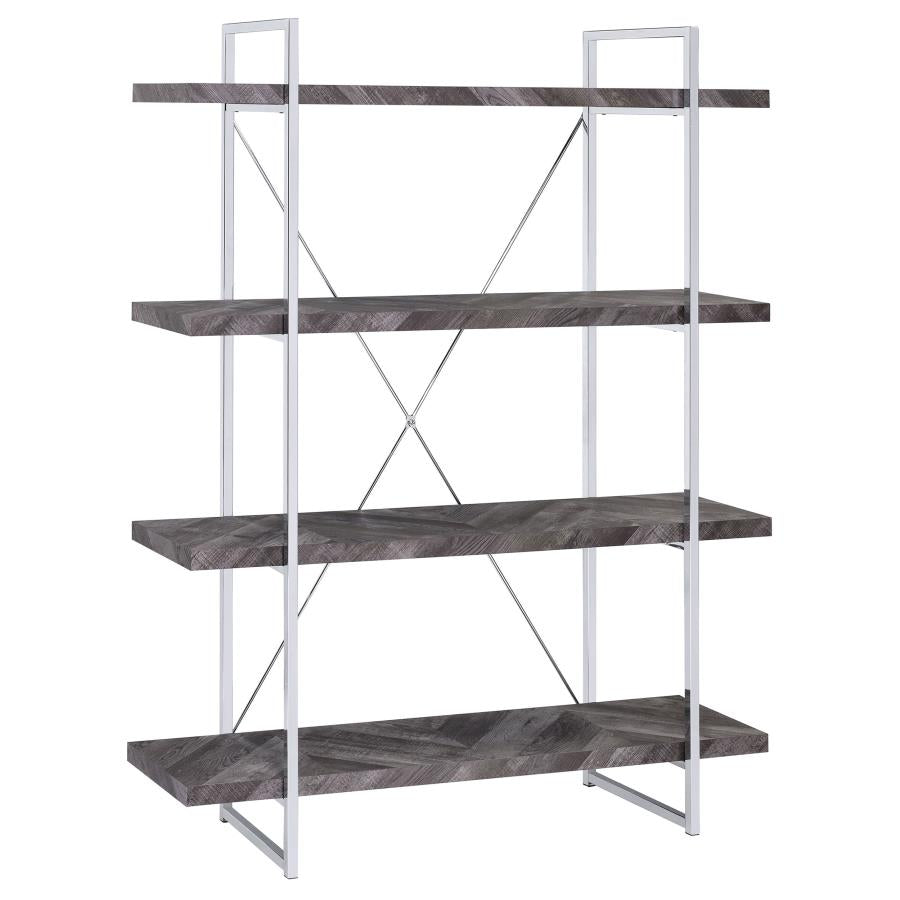 Grimma 4-Shelf Bookcase Rustic Grey Herringbone