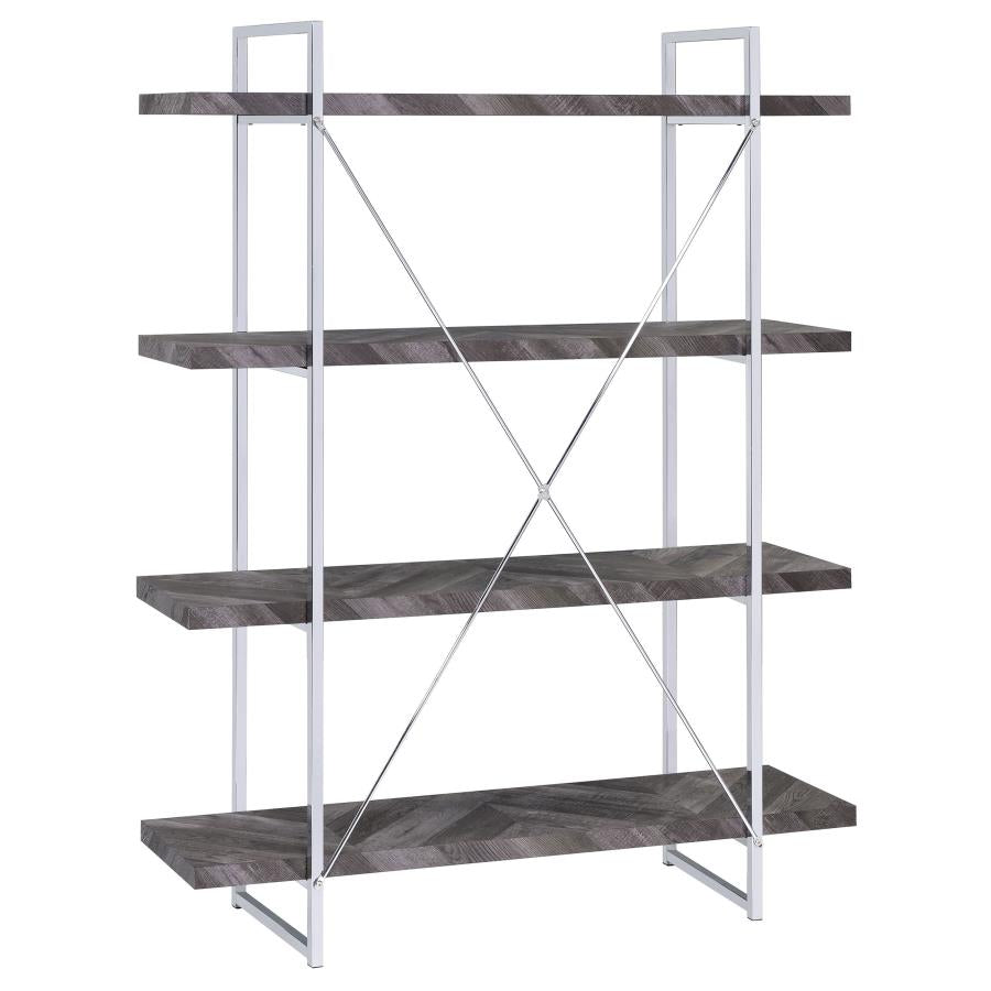 Grimma 4-Shelf Bookcase Rustic Grey Herringbone