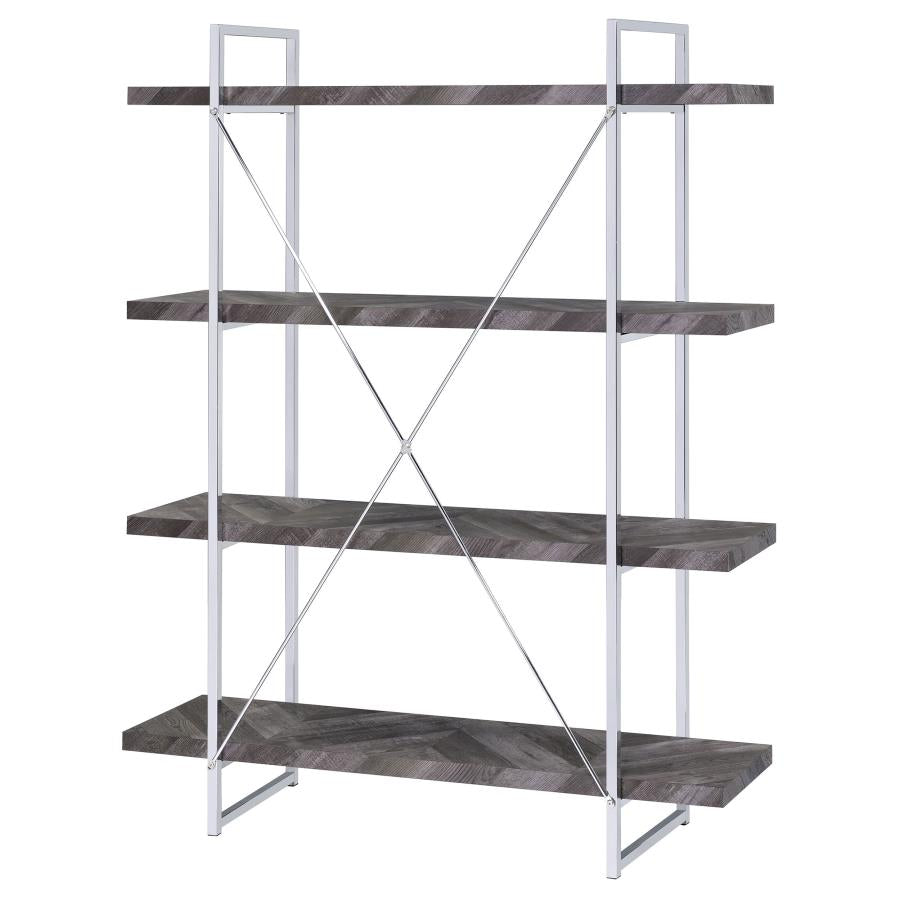 Grimma 4-Shelf Bookcase Rustic Grey Herringbone