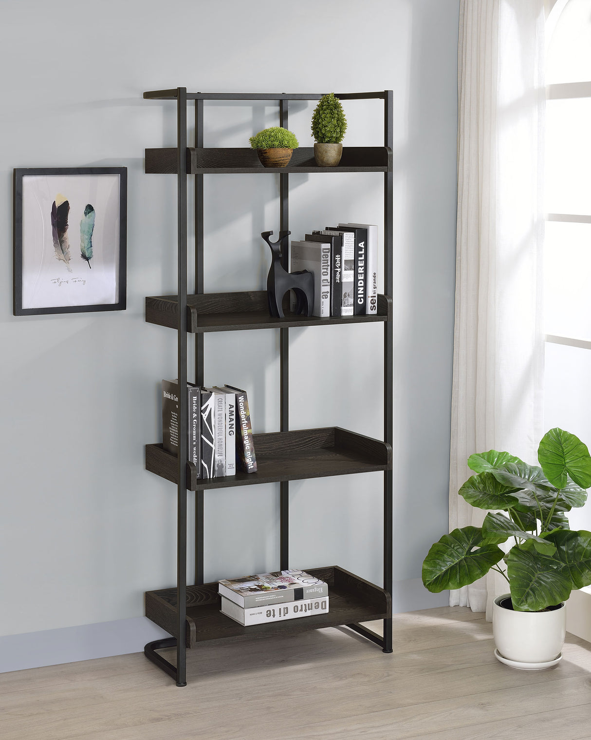 Ember 4-Shelf Bookcase Dark Oak And Sandy Black