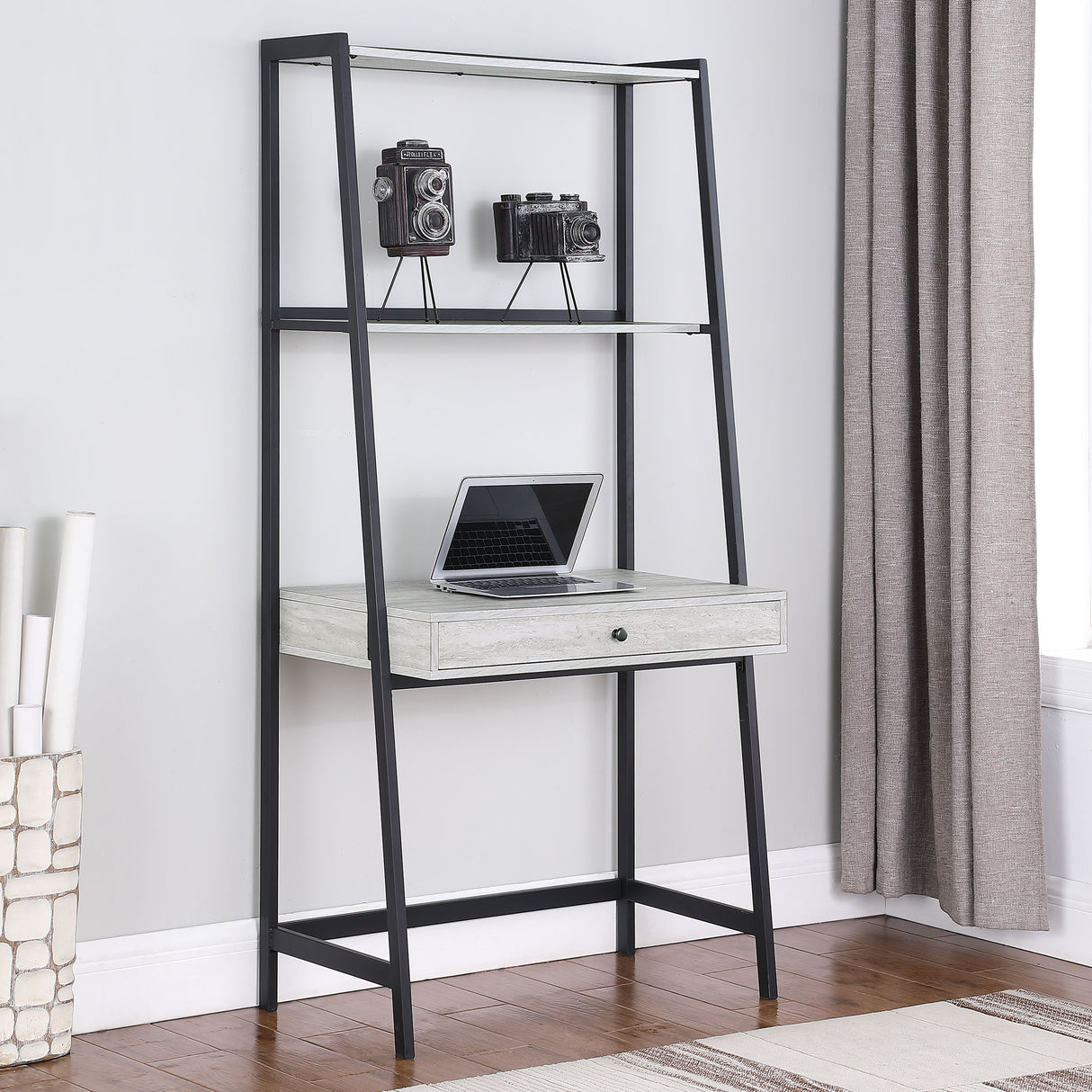 Pinckard 1-Drawer Ladder Desk Grey Stone Herringbone And Black