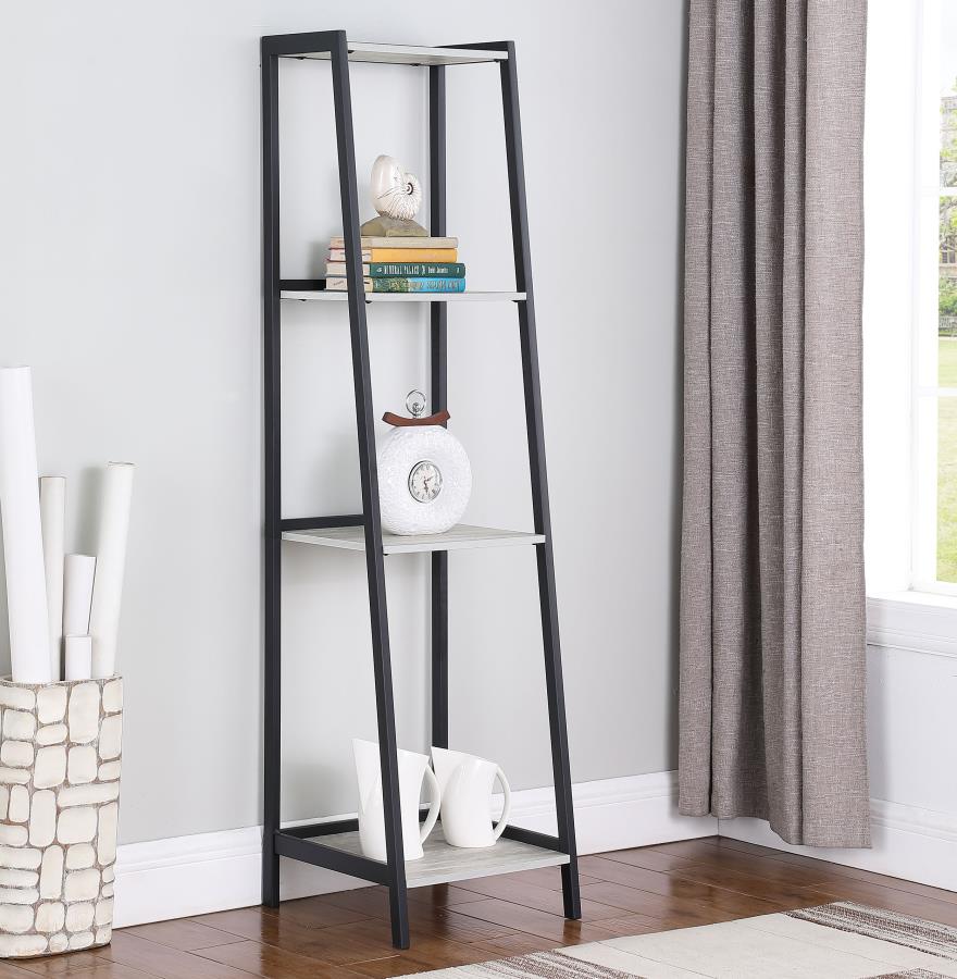 Pinckard 4-Shelf Ladder Bookcase Grey Stone Herringbone And Black