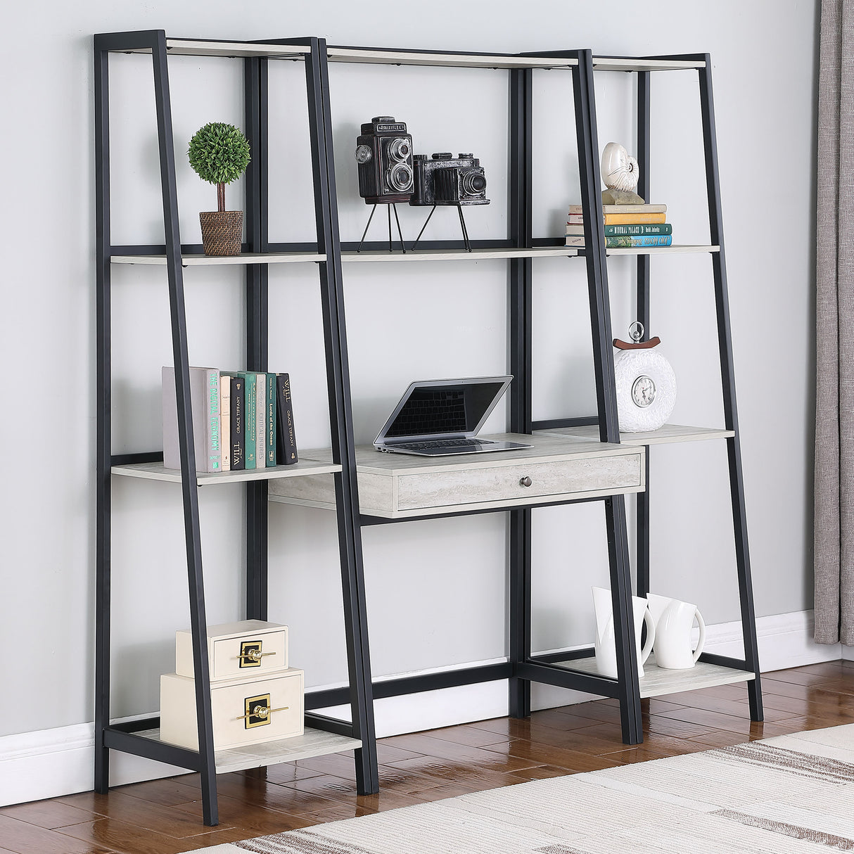 Pinckard 4-Shelf Ladder Bookcase Grey Stone Herringbone And Black