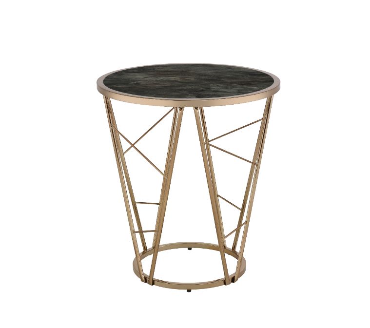 Cicatrix Faux Black Marble Glass Top & Champagne Finish End Table