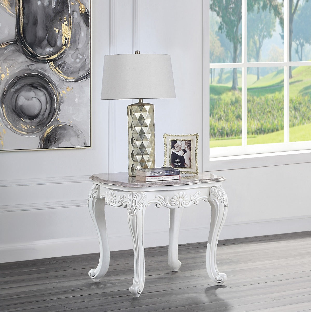 Ciddrenar Marble Top & White Finish End Table