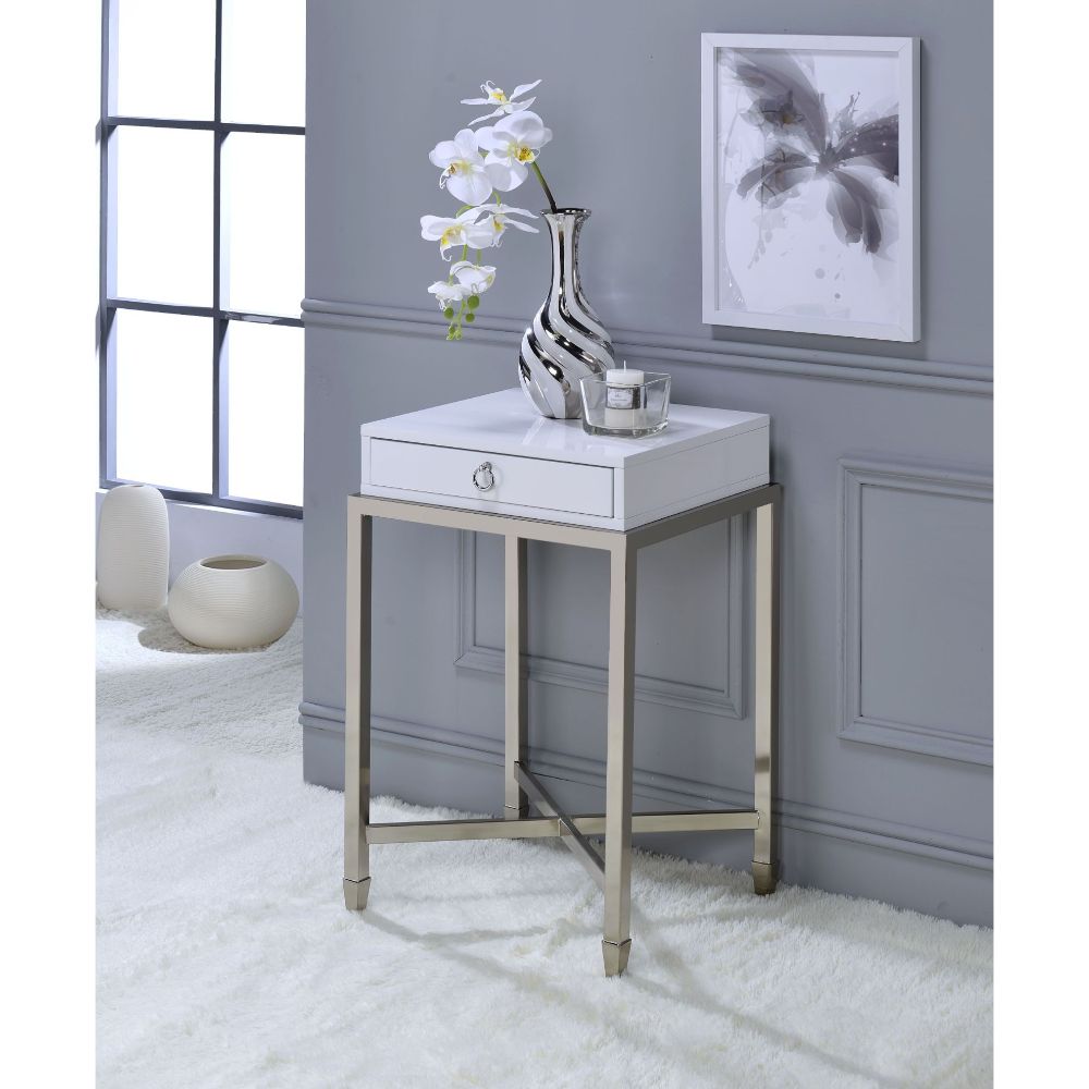 Belinut White & Brushed Nickel Finish End Table