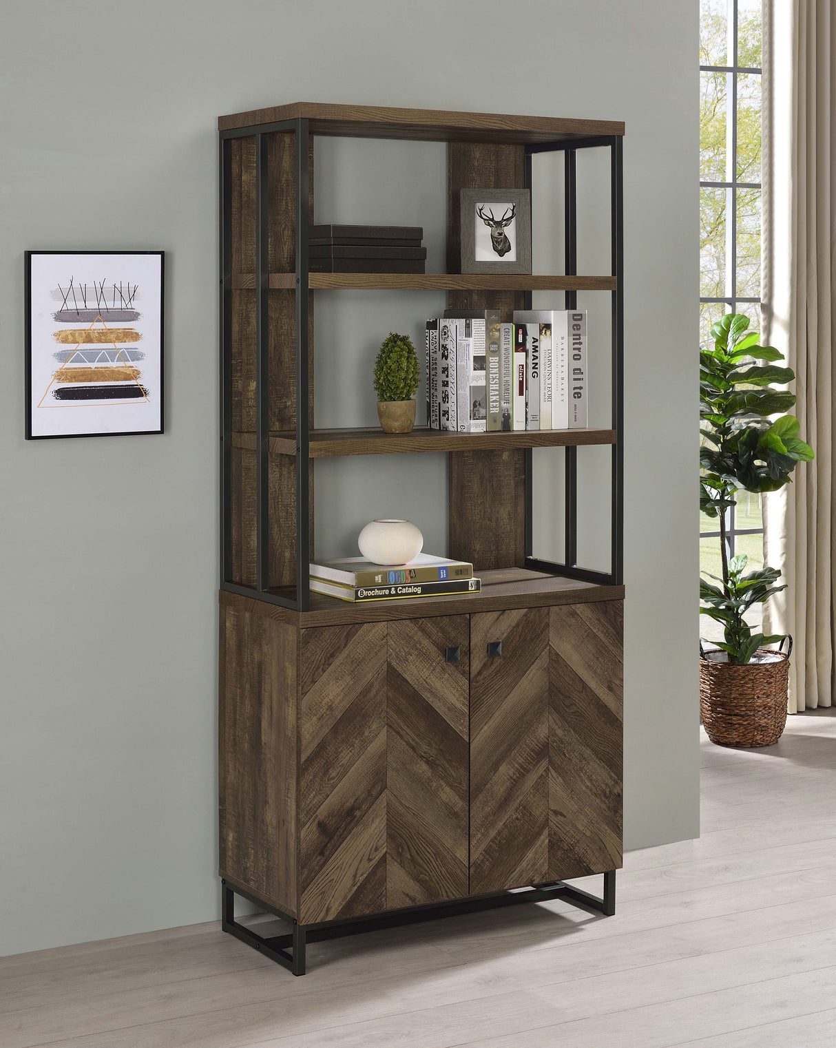 Millbrook 2-Door Bookcase Rustic Oak Herringbone And Gunmetal