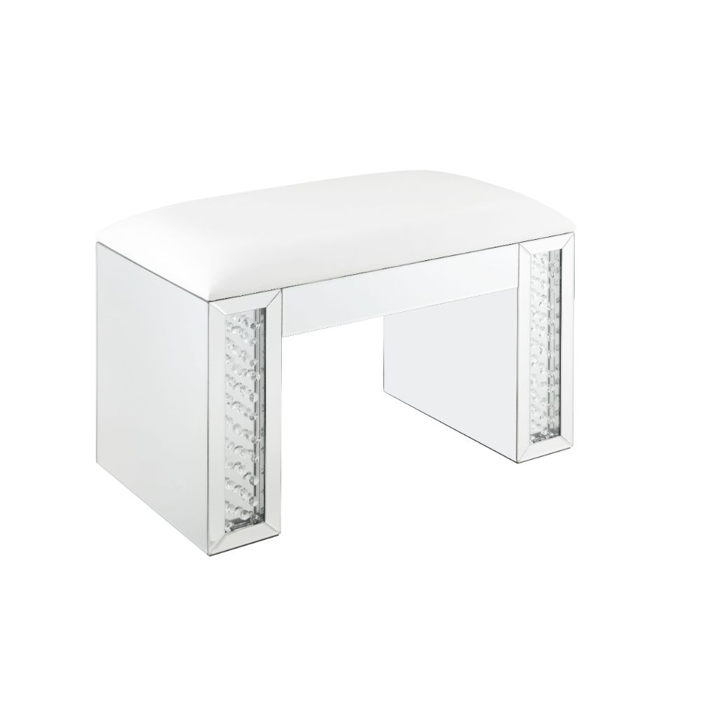 Nysa Ivory Synthetic Leather , Mirrored & Faux Crystals Vanity Stool