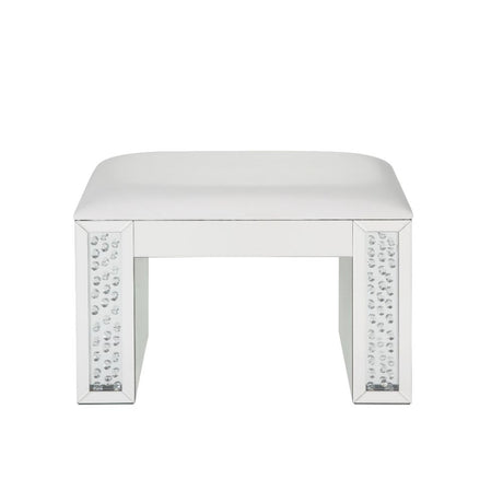 Nysa Ivory Synthetic Leather , Mirrored & Faux Crystals Vanity Stool