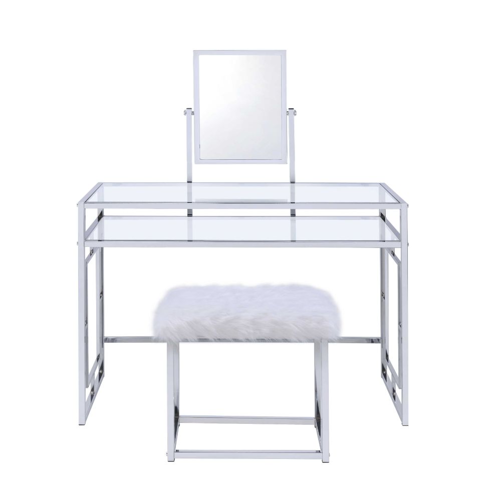 Carenze White Faux Fur & Chrome Finish Ii Vanity Desk