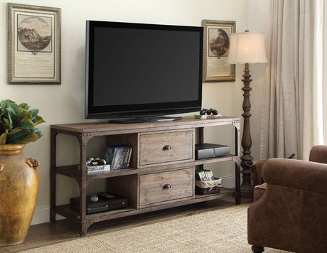 Gorden Weathered Oak Finish & Antique Silver Metal Tv Stand