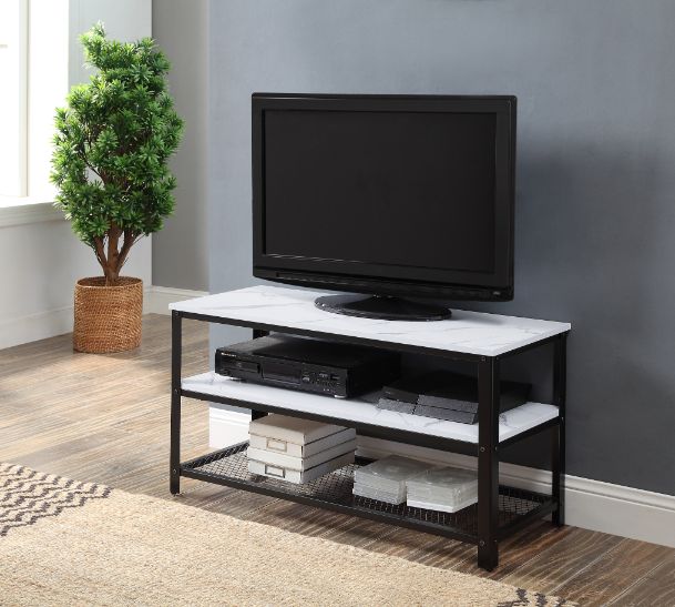 Taurus White Printed Faux Marble Top & Black Finish Tv Stand