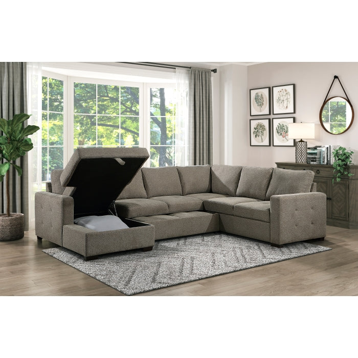 Elton Exposed Wood Feed With Brown 3-Piece Sectional Pull-Out Bed And Left Chaise Hidden Storage