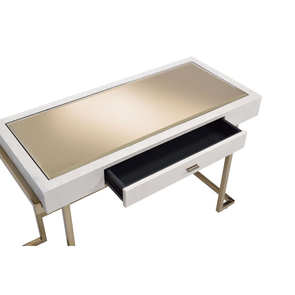 Boice White Synthetic Leather & Champagne Finish Desk