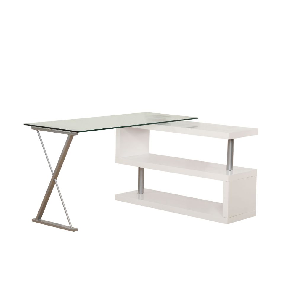 Buck Clear Glass Top & White High Gloss Finish Desk