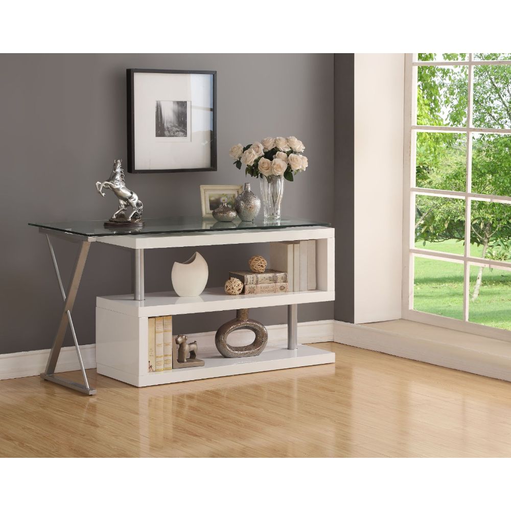 Buck Clear Glass Top & White High Gloss Finish Desk