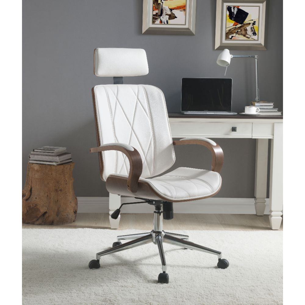 Yoselin White Synthetic Leather & Walnut Finish Office Chair