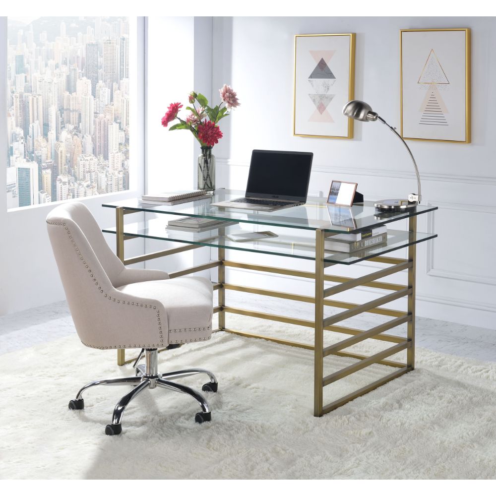 Shona Clear Glass Top & Antique Gold Finish Desk